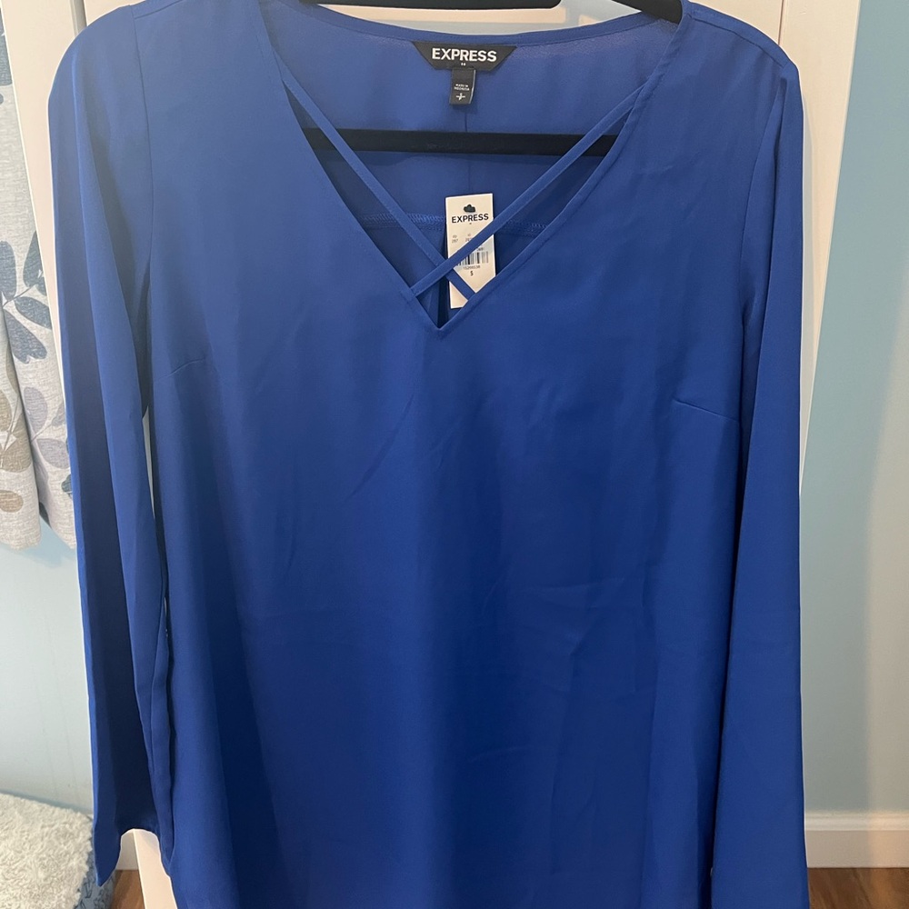 Express Blue V-Neck Long Sleeve Blouse